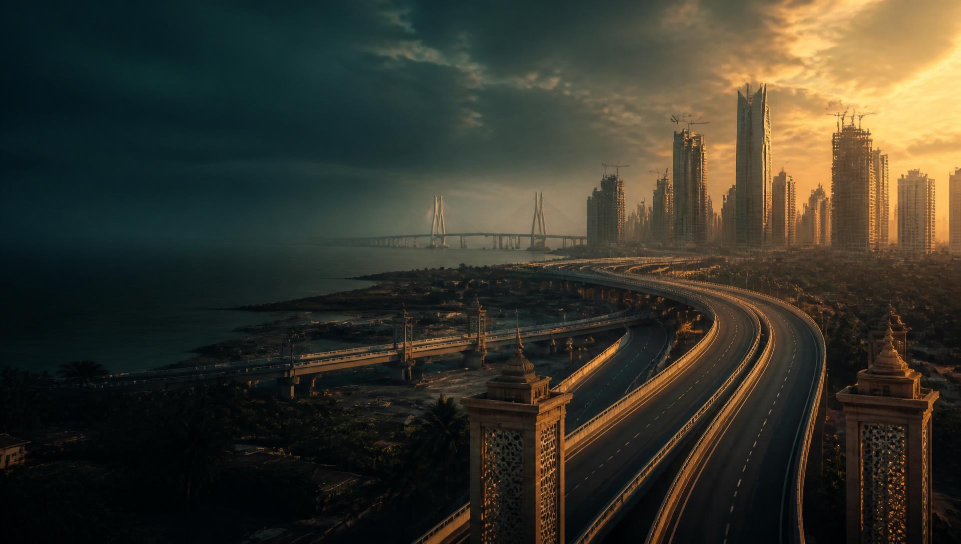 Indian infrastructure — elevated expressway, sea link and skyline at golden hour